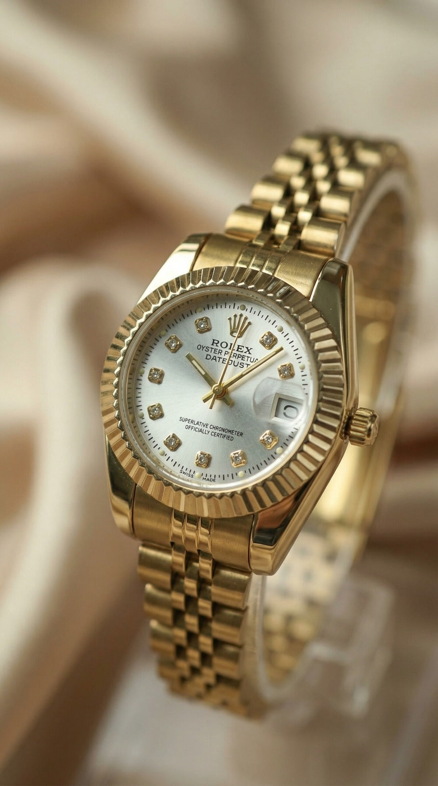 Rolex Date Oyster Golden Dial Woman Watch - White