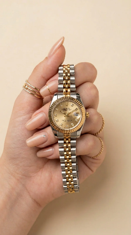 Rolex Date Oyster Golden Dial Woman Watch (twotone)