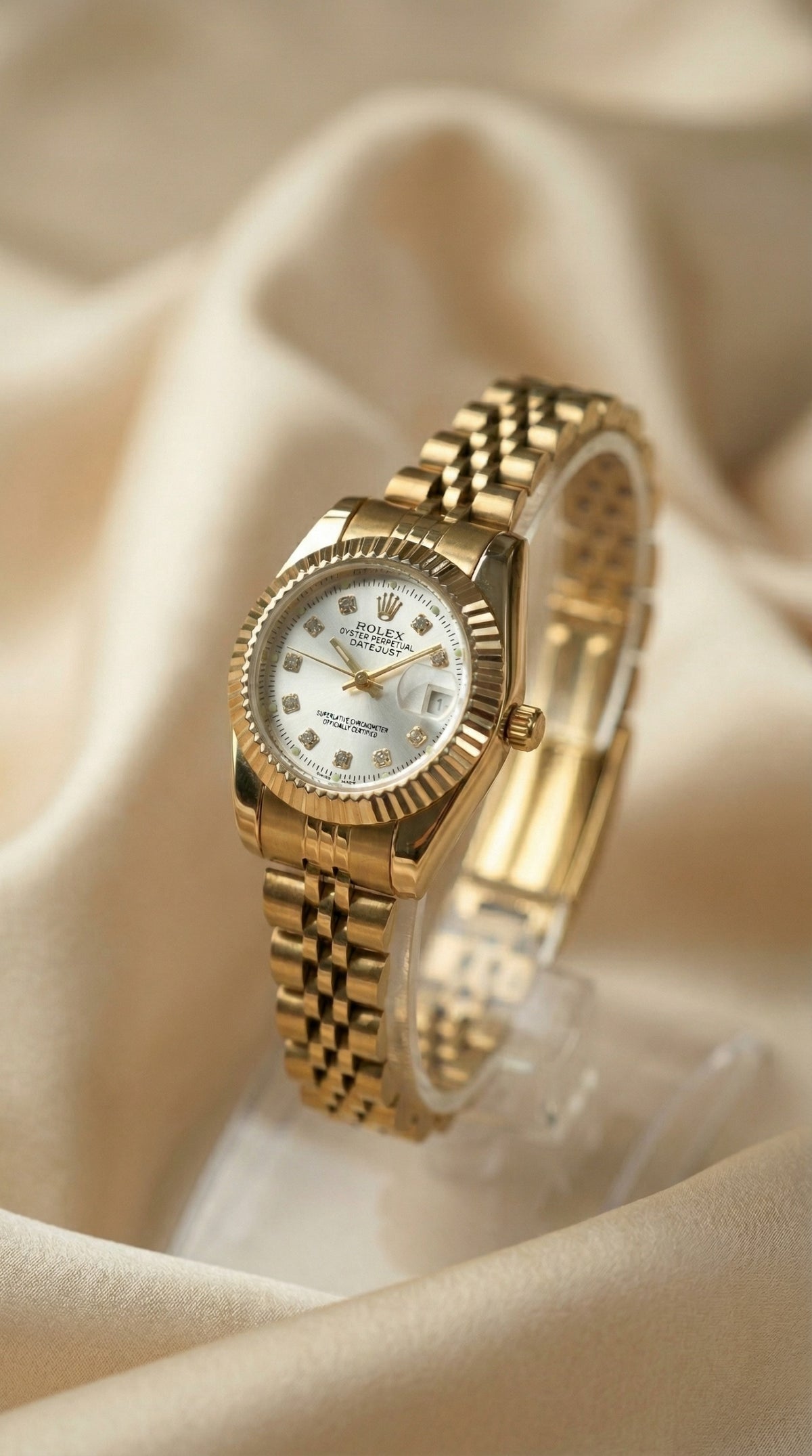 Rolex Date Oyster Golden Dial Woman Watch - White