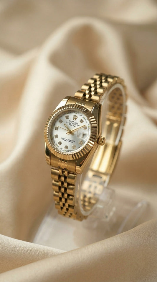 Rolex Date Oyster Golden Dial Woman Watch - White
