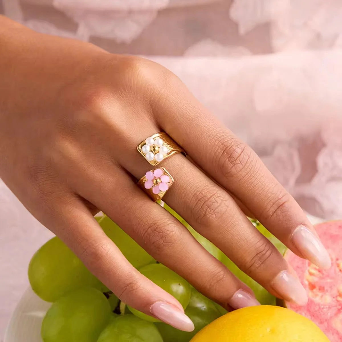 Pearl & pink flower ring